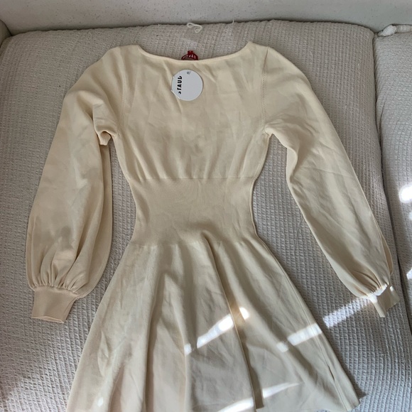 NWT New STAUD CLAUDE Sweater Knit Mini Long Sleeve DRESS Boat Neck BUTTERCREAM - Picture 12 of 12